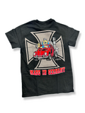 Official Rat Fink "Made in Germany" T-shirt by Ed Roth. Red 60s VW Beetle w/ Monster carb stacks. PMB honors his legacy on rugged cotton. S-XXXL, $24.95-$27.95