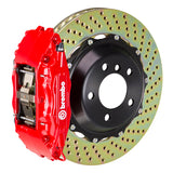 The Brembo Gran Turismo Front Big Brake Kit for 964 Carrera 2 (1990-94) includes GT 4-Piston calipers, FM1000 pads, 355mm x 32mm cross-drilled rotors, Goodrich braided lines, and CNC billet mounts. It offers premium braking performance and durability.