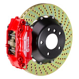 The Brembo Gran Turismo Rear Big Brake Kit for 930 includes GT 4-Piston calipers, FM1000 pads, 345mm x 28mm cross-drilled rotors, Goodrich braided lines, and CNC billet mounts. This comprehensive kit delivers exceptional braking performance and reliability.
