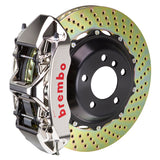 The Brembo GT-R Nickel Plated Front Big Brake Kit for 930 (1980-89) includes GT 6-Piston Billet Monobloc calipers, FM1000 pads, 355mm x 32mm cross-drilled rotors, Goodrich braided lines, and CNC billet mounts. This top-tier kit ensures superior braking performance and durability.