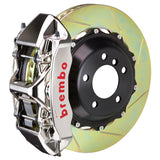 The Brembo GT-R Nickel Plated Front Big Brake Kit for 930 (1980-89) includes GT 6-Piston Billet Monobloc calipers, FM1000 pads, 355mm x 32mm cross-drilled rotors, Goodrich braided lines, and CNC billet mounts. This top-tier kit ensures superior braking performance and durability.