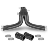 Black automotive hose with connectors and clamps on a white background