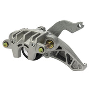Wilwood Left HM4 Rear Hydraulic / Mechanical Brake Caliper, Clear Finish: Rear-side view of a silver-gray caliper showing reinforcing ribs, mounting holes and the pad opening.