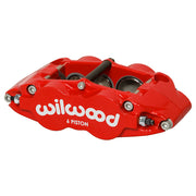 Wilwood left FNSL6R-DS red caliper, 1.10-inch rotor width, 1.62/1.12/1.12-inch bores: angled logo side and open pad channel
