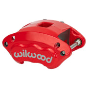 Wilwood red D154-DS caliper, 2.50-inch bore configuration and 1.04-inch rotor width, angled view showing the logo face, bridge and mounting features