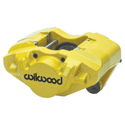 Wilwood yellow front D31 caliper for Porsche 911 1969–1974, 0.79-inch rotor-width configuration, angled view showing the logo face, bridge and mounting features