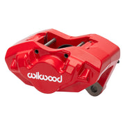 Wilwood red front D45 caliper for Porsche 911 1975–1983, 0.79-inch rotor-width configuration, angled view showing the logo face, bridge and mounting features
