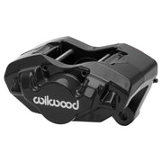 Wilwood black front D45 caliper for Porsche 911 1984–1989, 0.94-inch rotor-width configuration, angled view showing the logo face, bridge and mounting features
