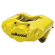 Wilwood yellow front D45 caliper for Porsche 911 1984–1989, 0.94-inch rotor-width configuration, angled view showing the logo face, bridge and mounting features
