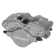 Wilwood Anodized GP200 Two-Piston Caliper, Above-Axle Logo Layout / 1/8-27 NPT Inlet: Gray compact GP200 caliper with a round central logo panel, bridge hardware and small bleed fittings.