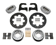 Wilwood rear Dynalite kit for Olds/Pontiac housing end: gray calipers and 11.44-inch drilled rotor pieces laid out