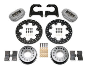 Wilwood rear Dynalite kit for M-W/Lamb symmetrical end: gray calipers and 11.44-inch drilled rotor pieces laid out