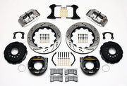 Wilwood rear Superlite 4R kit for new-style Big Ford 2.50-inch offset: shiny silver calipers and 14.00-inch drilled/slotted rotor pieces laid out