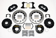 Wilwood rear Superlite 4R kit for new-style Big Ford 2.50-inch offset: black calipers and 14.00-inch drilled/slotted rotor pieces laid out