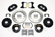 Wilwood rear Superlite 4R kit for new-style Big Ford 2.50-inch offset: black calipers and 14.00-inch slotted rotor pieces laid out