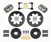 Wilwood front Narrow Dynapro kit for Mustang disc-spindle drag setup: gray calipers and 11.75-inch drilled rotor pieces laid out