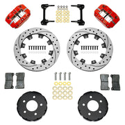 Wilwood front Narrow Dynapro kit for Mustang Pro-Street disc spindle: red calipers and 11.75-inch drilled/slotted rotor pieces laid out