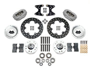 Wilwood front Dynalite kit for Ford/Mercury five-lug drag spindle: gray calipers and 10.75-inch drilled rotor pieces laid out