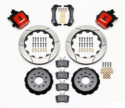 Wilwood rear CPB kit for Mustang solid axle, 3.25-inch offset: red calipers and 12.88-inch slotted rotor pieces laid out