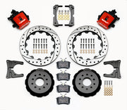 Wilwood rear CPB kit for later Mustang axle, 2.66-inch offset: red calipers and 12.88-inch drilled/slotted rotor pieces laid out