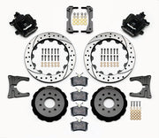 Wilwood rear CPB kit for later Mustang axle, 2.66-inch offset: black calipers and 12.88-inch drilled/slotted rotor pieces laid out