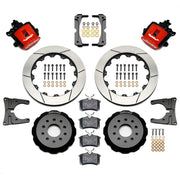 Wilwood rear CPB kit for later Mustang axle, 2.66-inch offset: red calipers and 12.88-inch slotted rotor pieces laid out