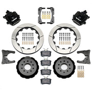 Wilwood rear CPB kit for later Mustang axle, 2.66-inch offset: black calipers and 12.88-inch slotted rotor pieces laid out