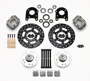 Wilwood front Dynapro Single kit for GM/Ford pin-spindle drag setup: gray calipers and 10.00-inch drilled rotor pieces laid out