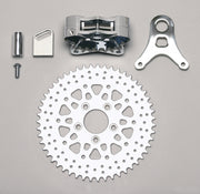 Wilwood right rear GP310 motorcycle sprocket-brake kit: polished caliper, toothed rotor, bracket and mounting pieces laid out