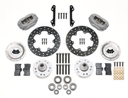 Wilwood front Dynalite kit for GM 11-inch-rotor drag spindle: gray calipers and 10.75-inch drilled rotor pieces laid out