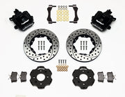 Wilwood rear CPB kit for Honda/Acura disc hubs, 2.39-inch offset: black calipers and 11.00-inch drilled/slotted rotor pieces laid out