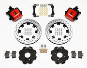 Wilwood rear CPB kit for Honda/Acura original-disc hub arrangement: red calipers and 12.19-inch drilled/slotted rotor pieces laid out