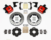 Wilwood rear CPB kit for Honda 2.71-inch drum hubs: red calipers and 11.00-inch drilled/slotted rotor pieces laid out