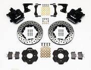 Wilwood rear CPB kit for Honda 2.71-inch drum hubs: black calipers and 11.00-inch drilled/slotted rotor pieces laid out