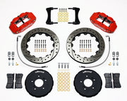 Wilwood front Superlite 6R kit for S2000 front hub arrangement: red calipers and 12.88-inch drilled/slotted rotor pieces laid out