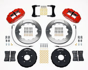 Wilwood front Superlite 6R kit for S2000 front hub arrangement: red calipers and 12.88-inch slotted rotor pieces laid out