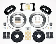 Wilwood front Superlite 6R kit for S2000 front hub arrangement: black calipers and 12.88-inch slotted rotor pieces laid out