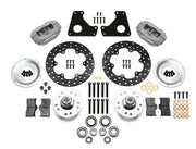 Wilwood front Dynalite kit for GM G-body/S10 spindle arrangement: gray calipers and 10.75-inch drilled rotor pieces laid out