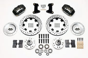 Wilwood front Dynalite kit for Mustang II/Pinto original disc spindle: black calipers and 12.19-inch drilled/slotted rotor pieces laid out