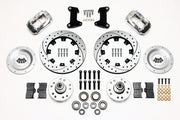 Wilwood front Dynalite kit for Mustang II/Pinto original disc spindle: shiny silver calipers and 12.19-inch drilled/slotted rotor pieces laid out