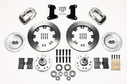 Wilwood front Dynalite kit for Mustang II/Pinto original disc spindle: shiny silver calipers and 12.19-inch plain-face rotor pieces laid out