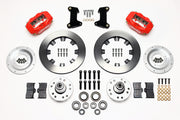 Wilwood front Dynalite kit for Mustang II/Pinto original disc spindle: red calipers and 12.19-inch plain-face rotor pieces laid out