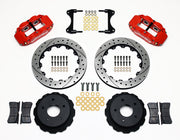 Wilwood rear Superlite 4R kit for Corvette C2/C3 original parking mechanism: red calipers and 12.88-inch drilled/slotted rotor pieces laid out