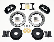 Wilwood rear Superlite 4R kit for Corvette C2/C3 original parking mechanism: black calipers and 12.88-inch drilled/slotted rotor pieces laid out