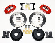 Wilwood rear Superlite 4R kit for Corvette C2/C3 original parking mechanism: red calipers and 12.88-inch slotted rotor pieces laid out