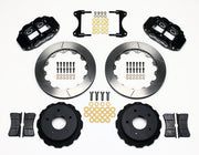 Wilwood rear Superlite 4R kit for Corvette C2/C3 original parking mechanism: black calipers and 12.88-inch slotted rotor pieces laid out
