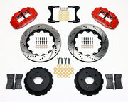 Wilwood rear Superlite 4R kit for Corvette C2/C3 large rear rotor setup: red calipers and 14.00-inch drilled/slotted rotor pieces laid out
