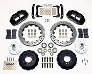 Wilwood front Superlite 6R kit for early GM factory disc spindle: black calipers and 12.88-inch drilled/slotted rotor pieces laid out