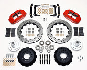Wilwood front Superlite 6R kit for later GM disc spindle, 0.17-inch wheel shift: red calipers and 12.88-inch drilled/slotted rotor pieces laid out