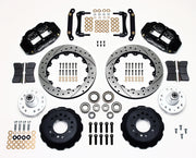 Wilwood front Superlite 6R kit for later GM disc spindle, 0.17-inch wheel shift: black calipers and 12.88-inch drilled/slotted rotor pieces laid out